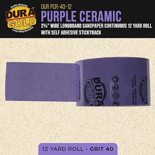 Dura-Gold Premium 40 Grit PSA Purple Film Ceramic Longboard Sandpaper, 2-3/4" Wide Continuous 12 Yard Roll - Self Adhesive Stickyback for Auto & Wood Air File Long Board Sanders, Hand Sanding Blocks