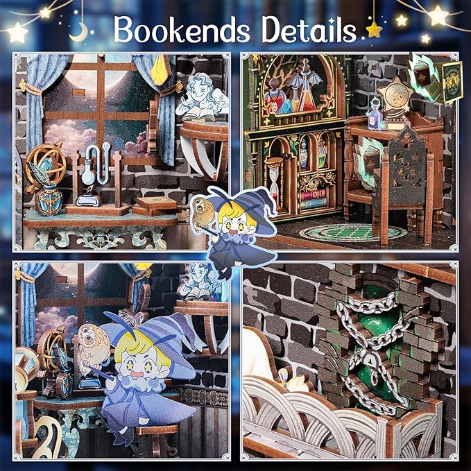 Cutefun 2Pcs Book Nook Kit, DIY 3D Wooden Puzzles for Adults and Teens, Bookends Decorative for Shelves Book Nook Kits for Adults, Bookshelf Decor Gifts for Friend (University of Miracle)