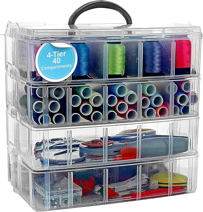 Bins & Things Clear 4-Tier Stackable Storage Containers with lids - 40 Adjustable Compartments for Craft Organizers - Storage box for Jewelry, beads, kids toys, makeup box and sewing supplies
