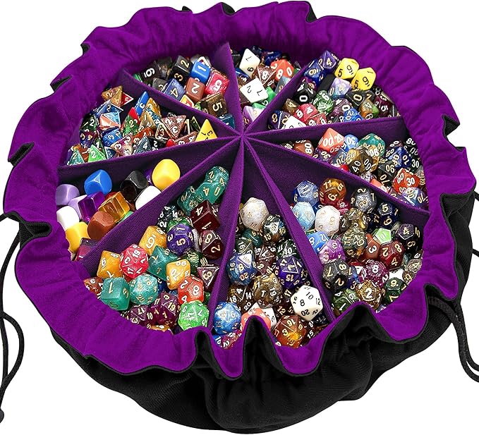 SIQUK Large Dice Bag with Pockets Drawstring Dice Bag DND Dice Storage Bag Big Capacity Dice Pouch for RPG MTG Table Games, Hold over 300 Dice (Black & Dark Violet)