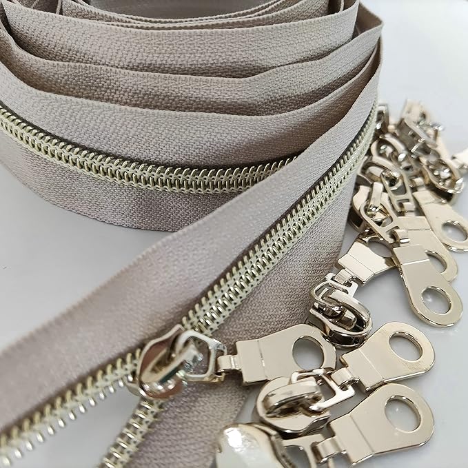 Leekayer #5 Light Gold Teeth Metallic Nylon Coil Zippers by The Yard Bulk 10 Yards Beige Tape with 25pcs Gold Sliders for DIY Sewing Tailor Craft Bag(Beige)