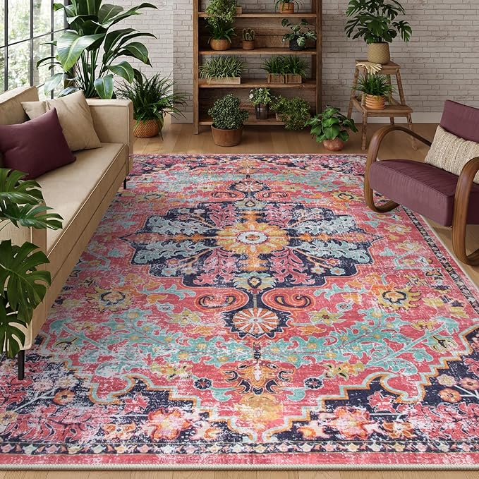 Lahome 8x10 Area Rugs for Living Room, Washable Rugs for Bedroom Aesthetic Large Dining Room Rugs for Under Table, Bohemian Printed Low Pile Nursery Carpet for Playroom Home Office, Fuchsia/Multi