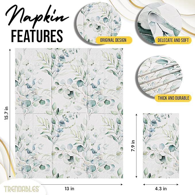 Trendables Sage Green Napkins for decoupage 100 Pcs 3 Ply Eucalyptus Napkins Decorative Guest Towels Disposable Bathroom, Flower Design For Tea Party Decorations, Dinners & Weddings
