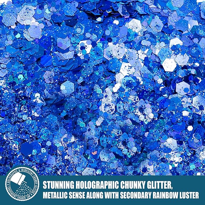 Holographic Chunky Glitter, 5.64oz/160g Craft Glitter Powder Mixed Chunky Flakes, Iridescent Nail Sequins for Nail Art, Hair, Epoxy Resin, Tumblers, Slime, Painting, Festival Decor (Galaxy Blue)