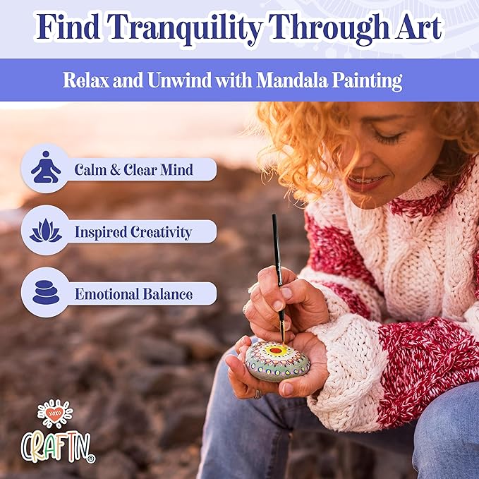 Complete Beginner's Mandala Painting 46 Piece Kit with Acrylic Paints, Reusable Stencils and Dotting Tools. Fun Rock Art & DIY Craft Project. Starter Activity Pack and Gift for Teens, and Adults