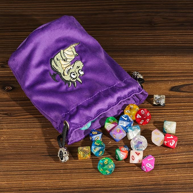 Large DND Dice Bag Purple Velvet Storage Bag with Cartoon Dragon Pattern for Role Playing Games Tabletop Games - Capacity 100+ Polyhedral Dice