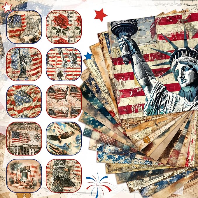 Ganeen 60 Pcs 10 x 10 Inch Vintage Patriotic Quilting Fabric Squares American Flag Fabric Bundle Retro 4th of July Fat Patchwork Precut Stripes for Memorial Day Handmade Material Sewing DIY Crafts