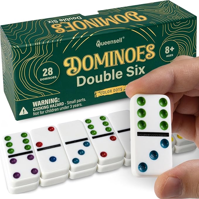 Queensell Dominos Set for Adults with Colored Dots - Double 6 Dominoes Set is a Classic Board Games for Kids and Adults - Double Six Standard Dominos Set 28 Tiles