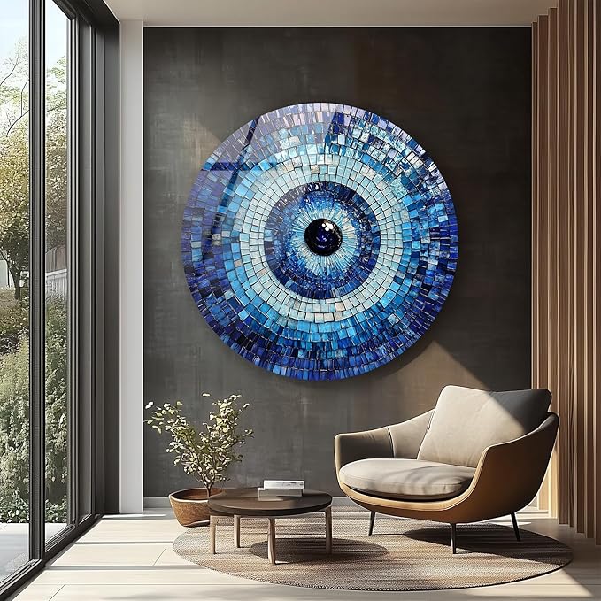 My Photostation.com 10''(25cm) Diameter Blue Mosaic Evil Eye Round Glass Wall Art Tempered Glass Printing Wall Decor Large Wall Art Wall Hangings