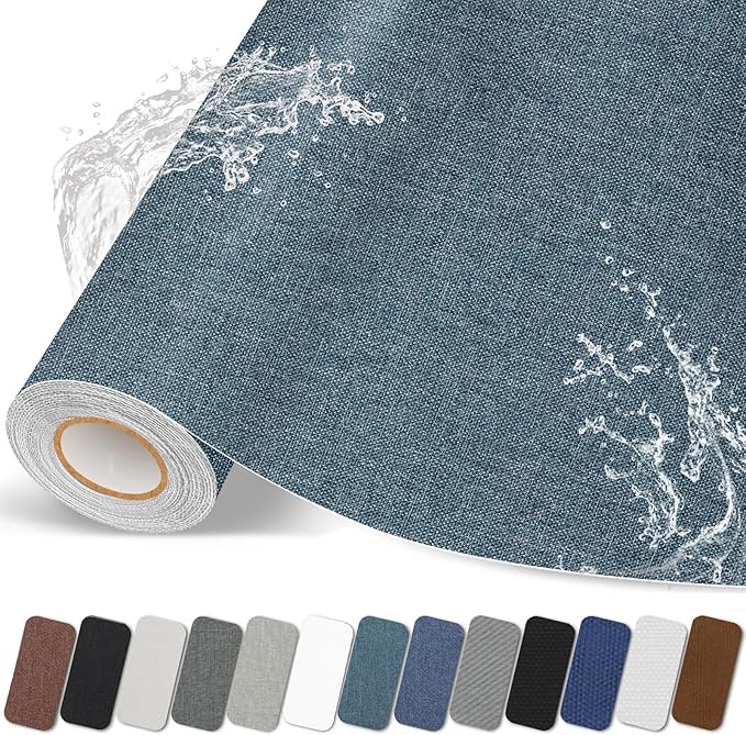 Fabric Repair Patches, 17X158 inch Linen Self-Adhesive Fabric Repair Tape, Strong Sticky Linen Patch for Sofas, Tote Bags, Clothing, Car Seats, Furniture（Blue Gray, 17X158 inch）