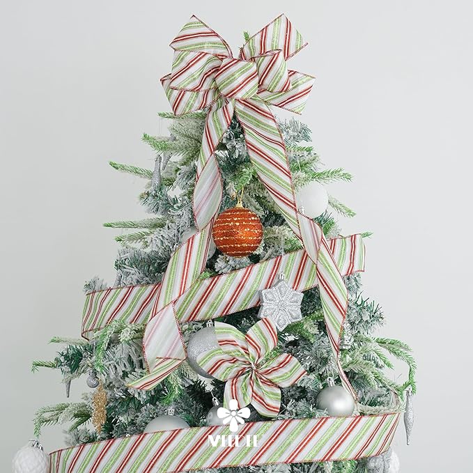 MEEDEE Red and Green Diagonal Striped Ribbon 2.5 Inch White Satin with Lime Green and Red Glitter Wired Ribbon for Christmas Tree, Garlands, Wreaths, Topper Bow (10 Yards)