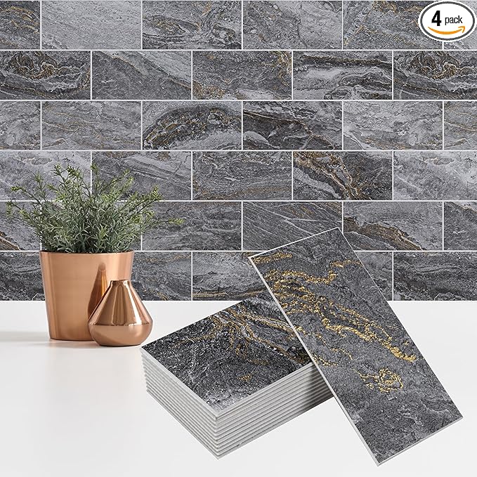 4 Pieces Peel and Stick Backsplash for Kitchen, 3" x 6" PVC Subway Tile 2025 Upgraded Gray-Gold Stone Backsplash Stick on Tile Elevate Kitchen Fireplace RV