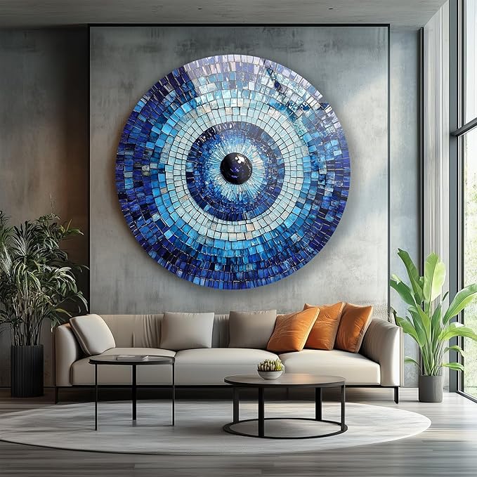 My Photostation.com 39,4''(100cm) Diameter Blue Mosaic Evil Eye Round Glass Wall Art Tempered Glass Printing Wall Decor Large Wall Art Wall Hangings