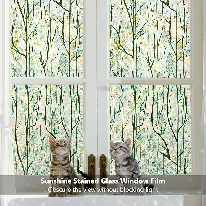 Finnez Window Privacy Film Window Film 3D No Glue Glass Sticker for Glass Door Home and Office Heat Control Anti UV (35.4 Inch x 13.1 Feet, Rainbow Grove)