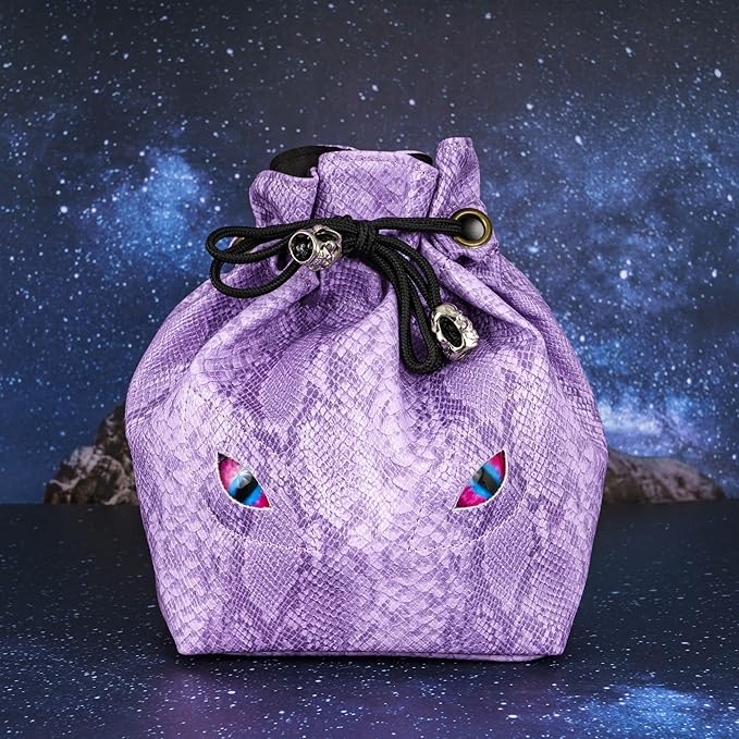 Large DND Dice Bag Leather Dice Storage Bag Purple D&D Drawstring Pouch with Pockets for RPG Table Games - Can Hold 200+ Polyhedral Dice