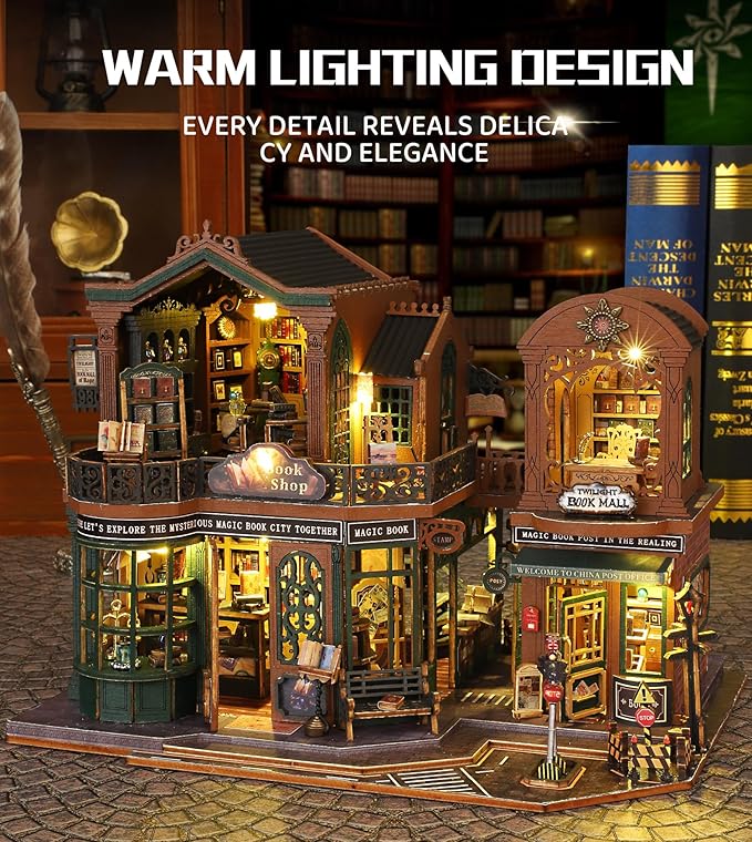 DIY Dollhouse Miniature House Kit,DIY Kit Mini House Model Comes with dust Cover and Music Box, Best Christmas Birthday Gift for Lovers Boys and Girls（Twilight Book City