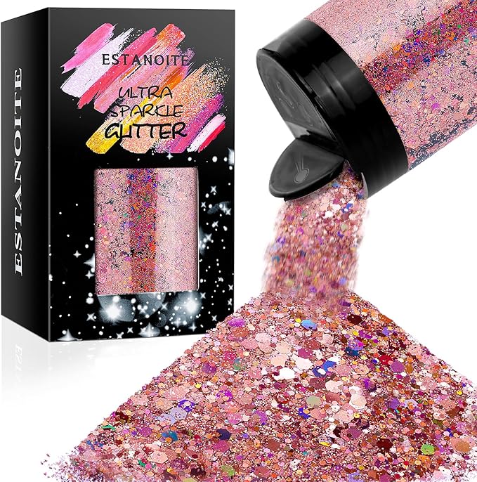 Estanoite Holographic Chunky Glitter, 160G/5.64OZ Glitter, Mixed Fine & Chunky Glitter for Epoxy Resin, Iridescent Glitter for Crafts Tumblers, Halloween Christmas Festival Painting Decor (Rose)