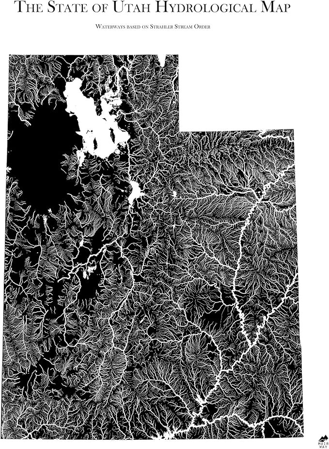 Muir Way Hydrological River Map of Utah - Watershed Topographic Wall Art for Home, Office, or Travel Decor - Unframed Flat Paper Print, 24x30