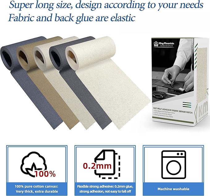 KING MOUNTAIN Canvas Iron on Patch,3"×60",Waterproof 100% Cotton Fabric Repair Patch,Used for Various Sofa,Tent,Clothes,Seats,Suitcases (Beige Gray)