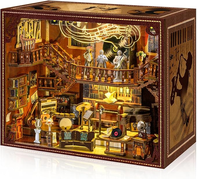 Book Nook Kit - 3D Wooden Puzzle for Adults and Teens, DIY Miniature Bookshelf Insert with LED Light, Ideal Gift for Family, Friends（Maestro's Study）