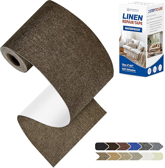 KING MOUNTAIN Linen Repair Patches, Self-Adhesive Linen Fabric Patches, 4 X 63 inch Extra Size, Multi Color, Can be Used for Linen Sofa Repair and Linen Clothes Repair (Dark Brown2.0)