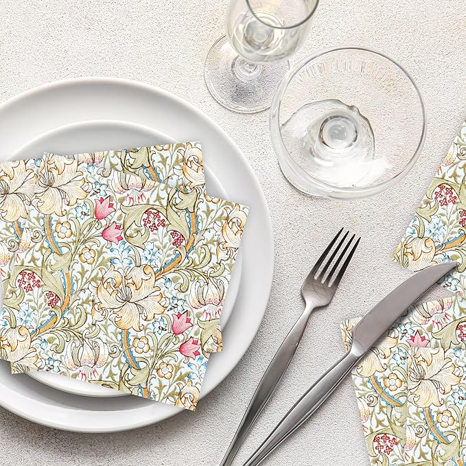 Quera 50 Pack William Morris Cocktail Napkins Golden Lily White Paper Napkins Beverage Napkins Disposable Paper Party Napkin Pack Decoration 5 "X 5"