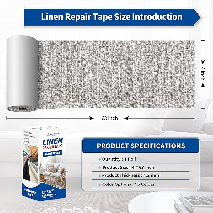 KING MOUNTAIN Linen Repair Patches, Self-Adhesive Linen Fabric Patches, 4 X 63 inch Extra Size, Multi Color, Can be Used for Linen Sofa Repair and Linen Clothes Repair (Light Grey 2.0)