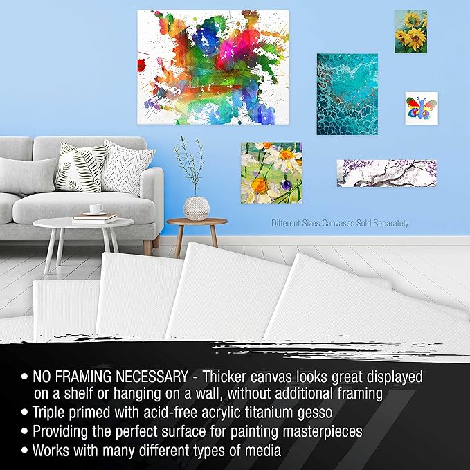 U.S. Art Supply Large Stretched Canvas for Painting 20x20 inch Gallery Depth 1-1/2" Thick, 3-Pack - 12oz Acrylic Gesso Triple Primed, Professional Artist Quality, 100% Cotton - Oil, Pouring Paint