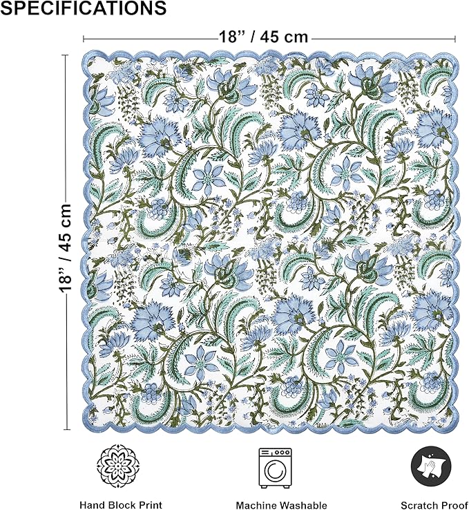 Ridhi Columbia BlueHand Block Print Napkins 18" x 18" Set of 4 Reusable Cotton Dinner Napkins for Weddings, Parties & Everyday Dining, Thanksgiving, Christmas, Fall