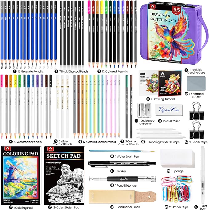 106 PCS Art Supplies Sketching Kit, Pro Drawing Pencils with 3-Color Sketchbook, Coloring Book, Colored Graphite Charcoal Watercolor & Metallic Pencils, Drawing Supplies Gifts for Artists Adults Kids