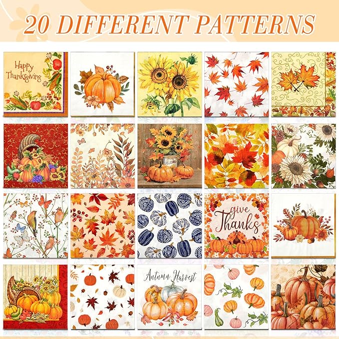 Crtiin 20 Pack Fall Decoupage Napkins Autumn Napkins Floral Pumpkin Maple Leaf Decorative Paper for Thanksgiving Harvest Birthday Party Beautiful Gorgeous, 20 Styles Each 6.5 Inches