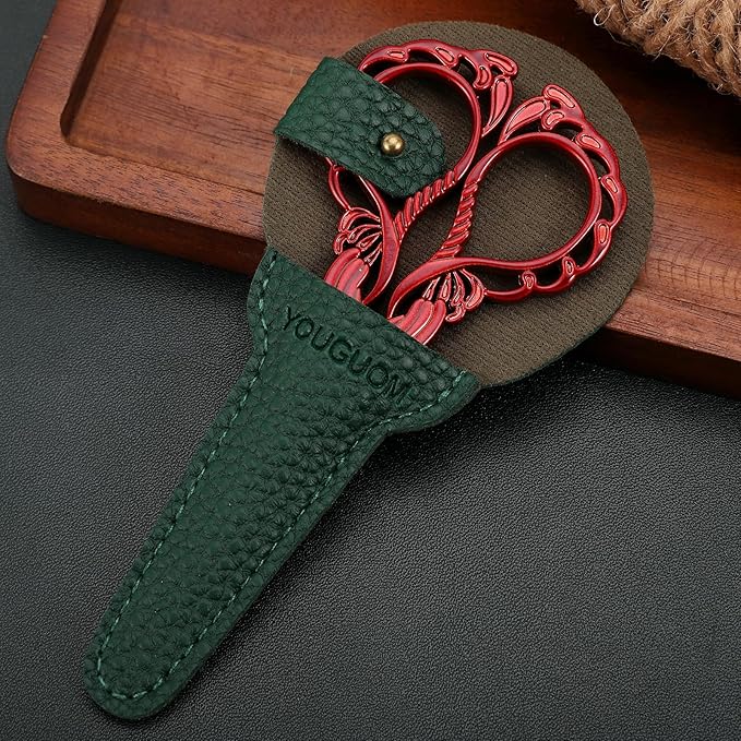 Small Embroidery Scissors Sewing Crafting Scissor Sharp Tip Shears for Needlework Threading Craft Artwork DIY Tools, 4.3in Vintage Red Scissors W/Sheath