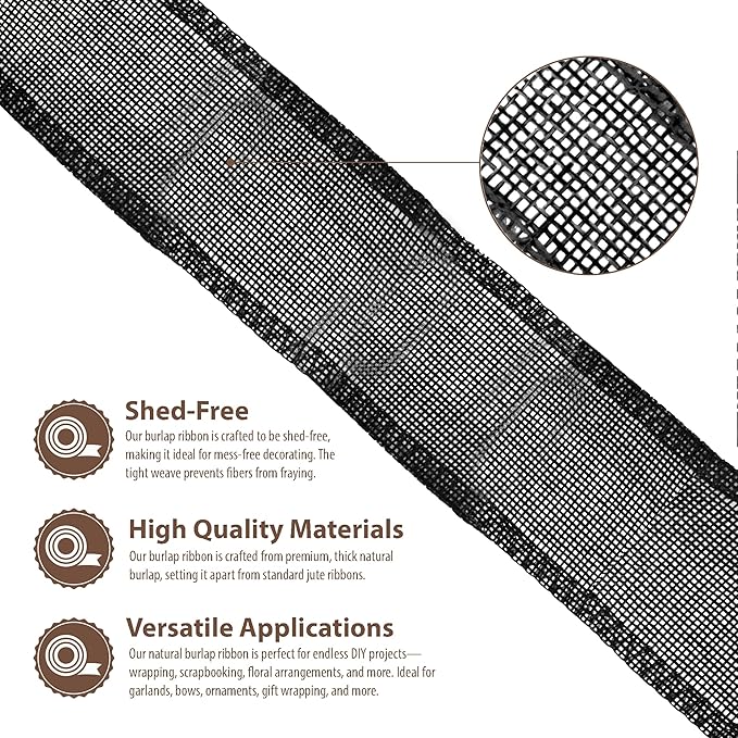 Mandala Crafts Black Burlap Ribbon 2 Inches Wide Jute Ribbons for Crafts - 20 Yds Roll Rustic Burlap Wrap Trim Ribbons for Wreaths Bows Wedding Party Decoration
