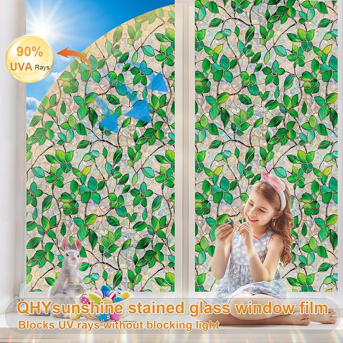 Window Privacy Film Stain Glass Window Film Rainbow Window Film Window clings Non-Adhesive Reusable Decorative for Room (Green Rainbow, 45.2 X 78.7 in)