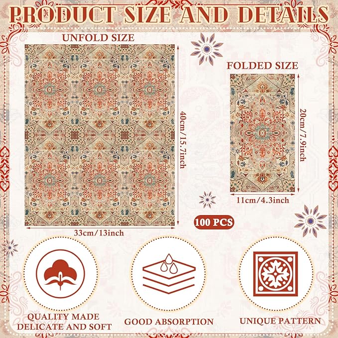 Yeaqee 100 Pcs Vintage Boho Napkins Paper Guest Towels 2 Ply Decoupage Napkins Disposable Decorative Hand Towel for Bathroom Kitchen Fall Wedding Party Dinner(Orange and Blue)