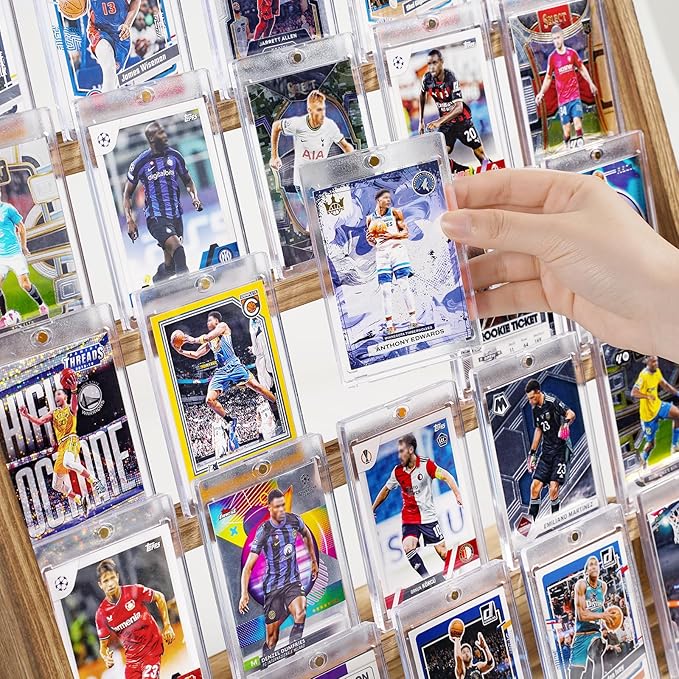 Emfogo Trading Card Display Stand, 5 Tier Sports Graded Card Display, Wooden Trading Card Display Stand for Soprts Card Collection & Show, Brown