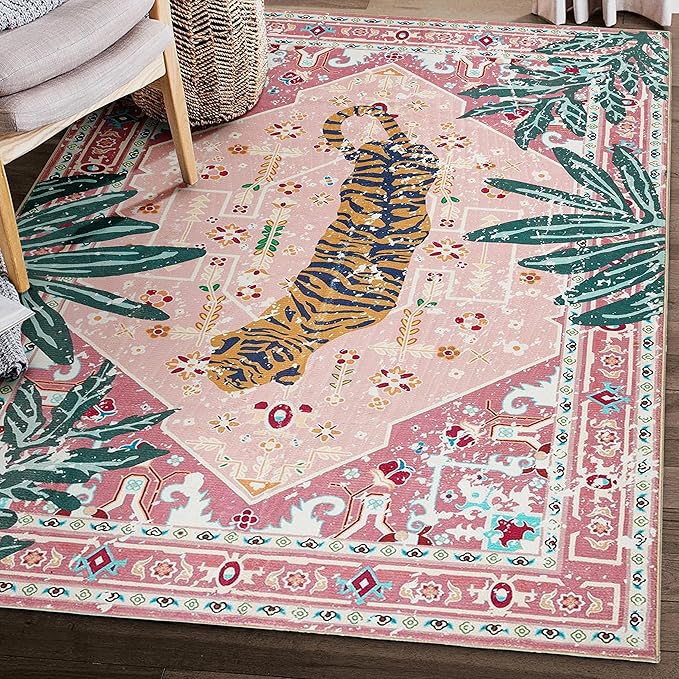 Washable Pink Rugs Boho Vintage Tropical Jungle 8x10 Area Rugs Tribal Oriental Carpet for Bedroom Kitchen Dining Living Room Office Distressed Indoor Cute Nursery Rug