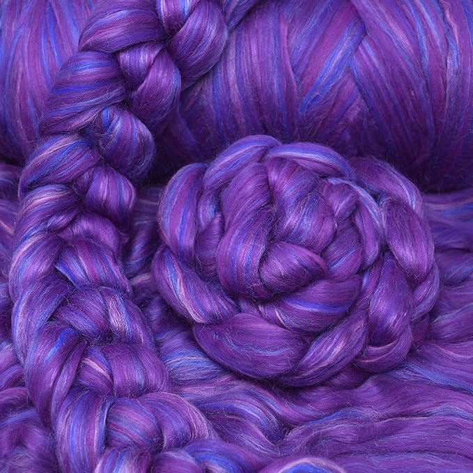 Merino Silk Luxe Tonal Designer Blend. Superfine Merino, Mulberry Silk, Tussah Silk. Top Roving for Spinning or Felting. Violet Volcano 1oz