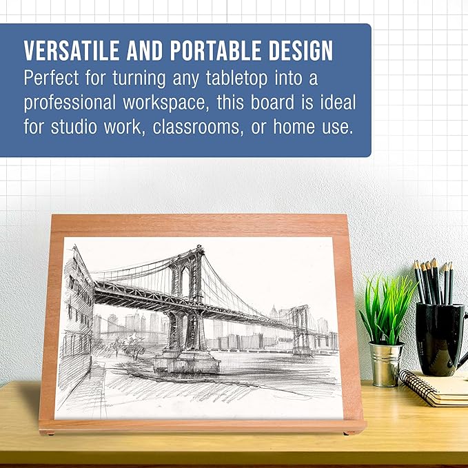 U.S. Art Supply X-Large 25-5/8" x 19" (A2) Adjustable Wood Art Drawing Board - 6 Angles, Beechwood Construction, Pencil Ledge, Locking Storage Drawer - Perfect for Design, Drafting & Architecture