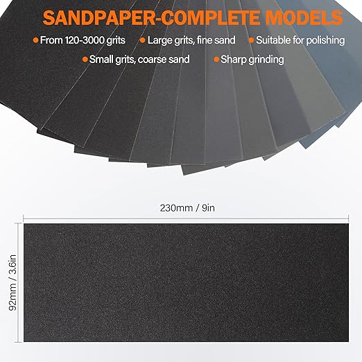 KENDO 24PCS Sand Paper Variety Pack Sandpaper 12 Grits Assorted for Wood Furniture Finishing, Metal Sanding and Automotive Polishing, Wet Dry Sandpaper