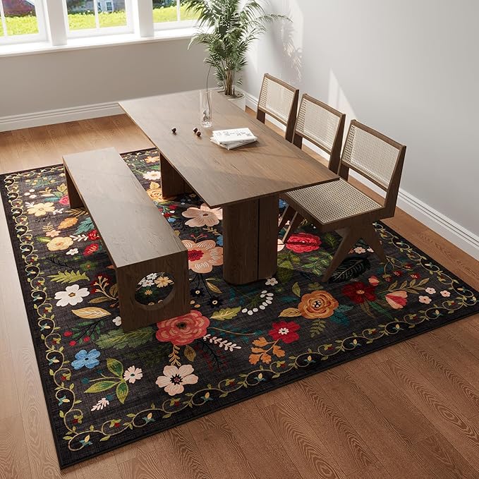 Rugcomf Living Room Rug 6x9 Rug Machine Washable Boho Area Rug Non Slip Floral Vintage Low Pile Large Rug for Living Room, Bedroom, Farmhouse, Dining Room, Kids Playroom(Black)