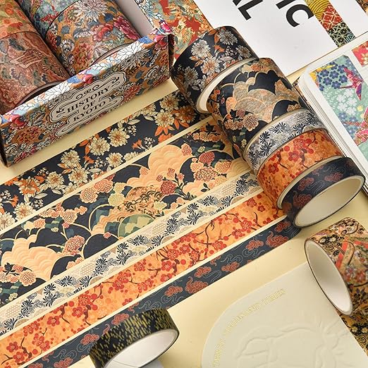 12 Rolls Kyoto Charm Washi Tape Set Japanese Arts Adhesive Tapes Geometric Garden Decorative Masking Tape Sets for Craft, Kids, Scrapbook, DIY, Gift Wrapping (Azure Tranquility)