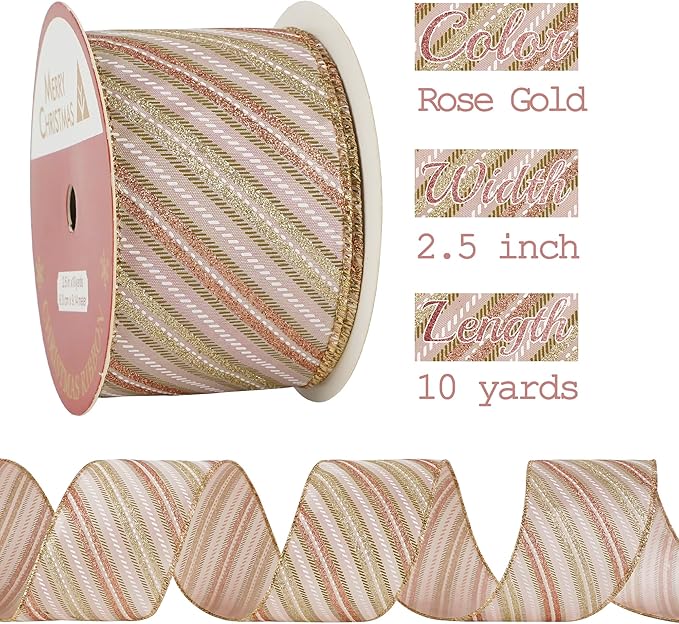 MEEDEE Pink Diagonal Striped Ribbon 2.5 Inch Blue Satin with Rose Gold and Champagne Glitter Wired Ribbon for Christmas Tree, Garlands, Wreaths, Topper Bow (10 Yards)