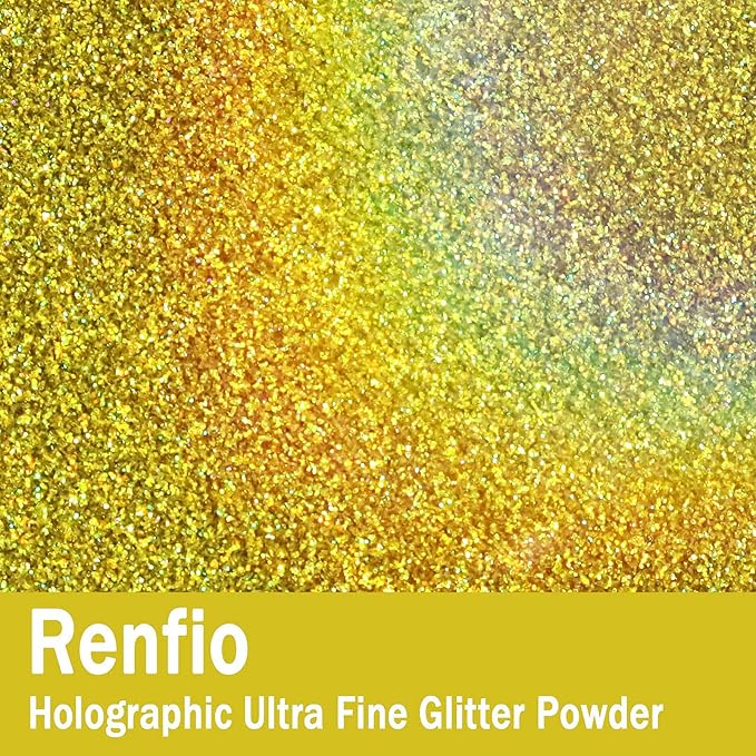 Renfio Holographic Ultra Fine Glitter Powder Metallic Resin Glitter 2.11 Oz (60g) PET Flakes Crafts Sequins 1/128" 0.008" 0.2mm Epoxy Chips Flakes for Tumblers Slime - Laser Green Gold