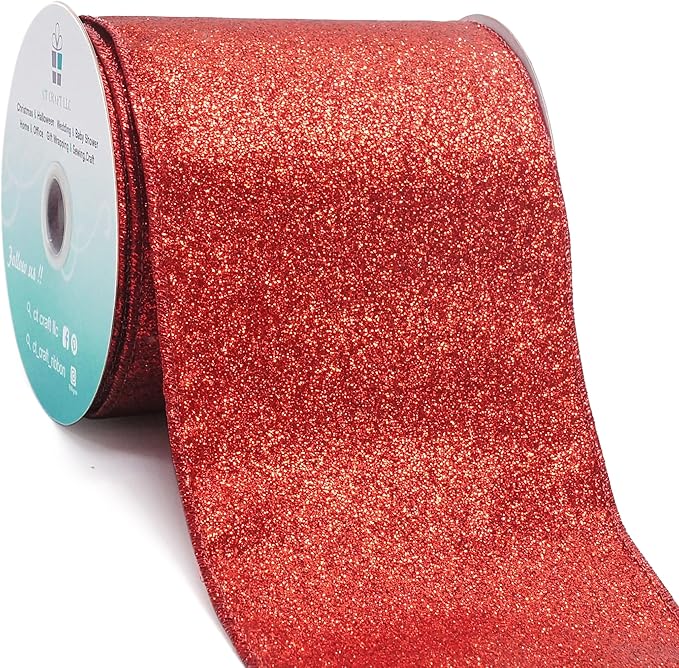 CT CRAFT LLC Glitter Wired Ribbon 4" x 10 Yards Red for Christmas Home Decor Bow Gift Wrapping DIY Crafts Wreath