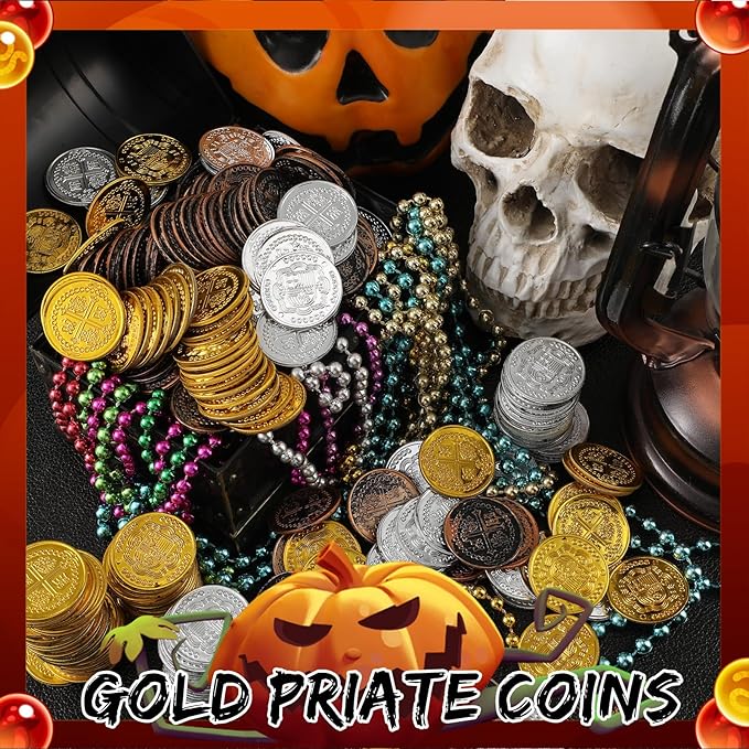 Hanaive 100 Pcs Pirate Coins Plastic Kids Fake Play Replica Spanish Doubloons St. Patrick's Coin for Pirate Party Treasure Chest Board Games Tokens Toys Cosplay (Gold, Silver, Bronze,Round)