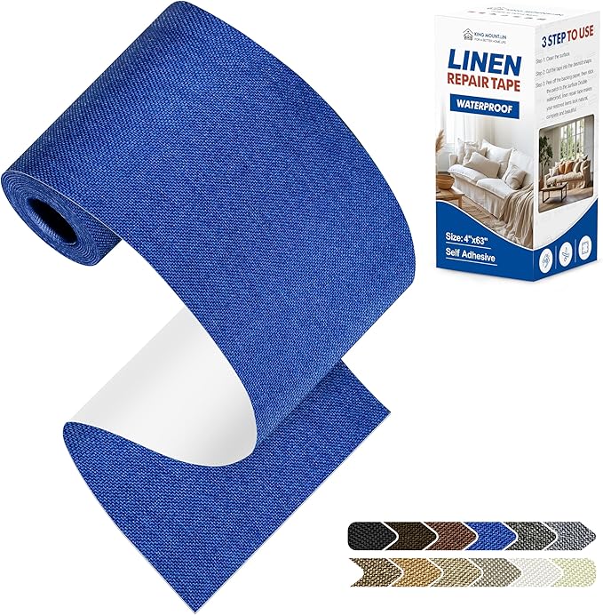 KING MOUNTAIN Linen Repair Patches, Self-Adhesive Linen Fabric Patches, 4 X 63 inch Extra Size, Multi Color, Can be Used for Linen Sofa Repair and Linen Clothes Repair (Navy Blue)