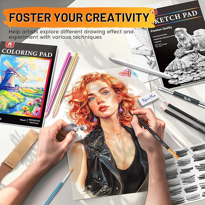 106 PCS Art Supplies Sketching Kit, Pro Drawing Pencils with 3-Color Sketchbook, Coloring Book, Colored Graphite Charcoal Watercolor & Metallic Pencils, Drawing Supplies Gifts for Artists Adults Kids