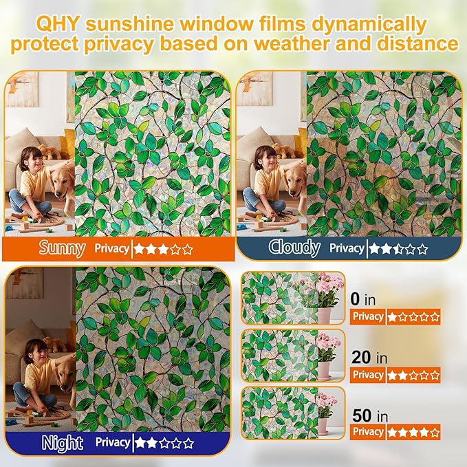 Stained Glass Window Privacy Film Decorative Rainbow Static Clings – Ideal for Home & Office, Adhesive-Free, Removable, UV-Blocking (Green Rainbow, 35.4 X 157.4 in)