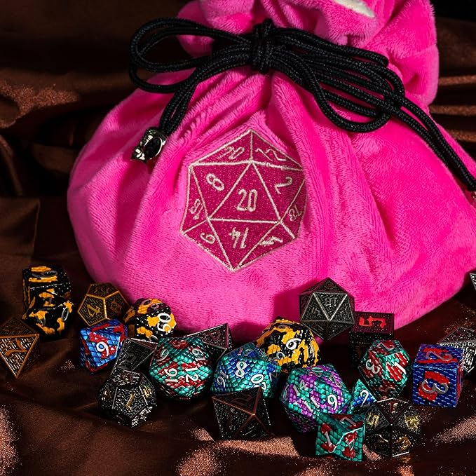 DND Dice Bags Large with Pockets Pink Storage Bag with D20 Logo for RPG Game Dices - Capacity 200+ Dice